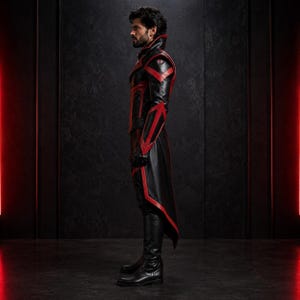 May include: A long-sleeved black jacket with a high collar and red geometric accents, paired with matching black trousers and tall black boots. The jacket features a structured shoulder design and a long, pointed tail that extends past the waist.