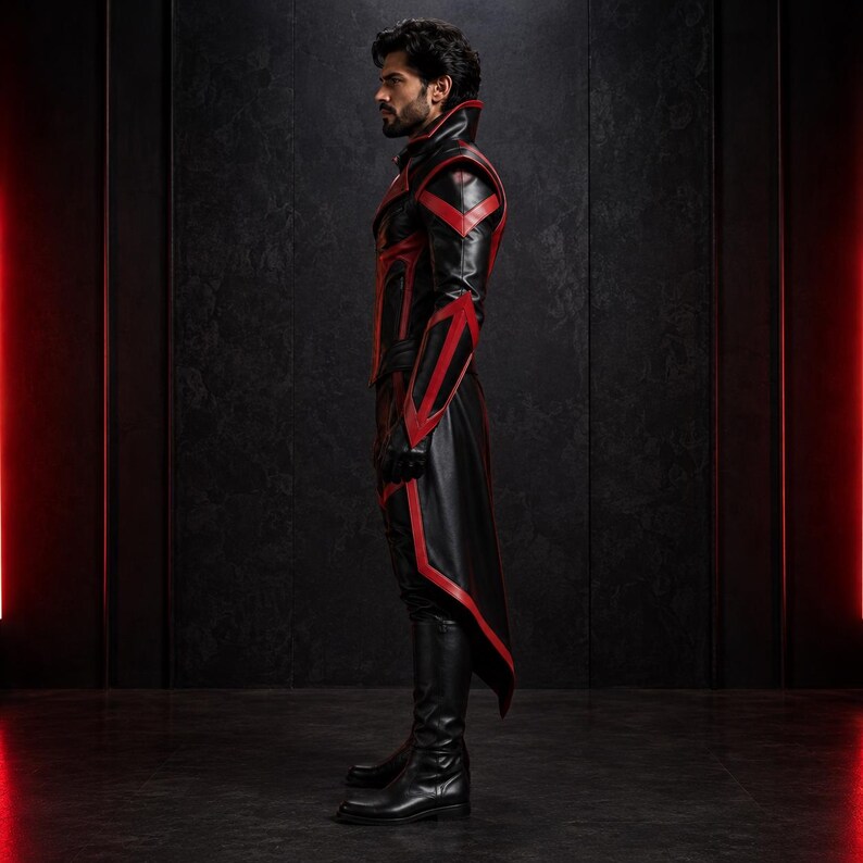 May include: A long-sleeved black jacket with a high collar and red geometric accents, paired with matching black trousers and tall black boots. The jacket features a structured shoulder design and a long, pointed tail that extends past the waist.