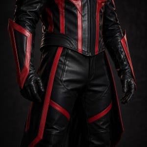 May include: A black leather jacket and matching trousers set featuring bold red vertical stripes. The jacket includes long sleeves with structured red-trimmed forearm guards, while the trousers feature a long, layered panel design.