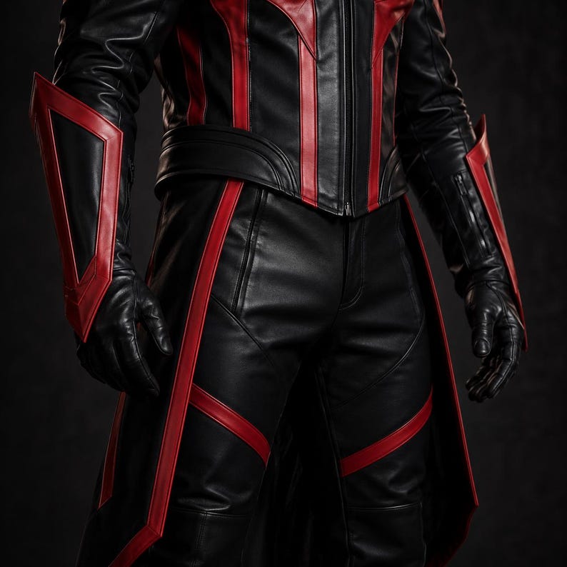 May include: A black leather jacket and matching trousers set featuring bold red vertical stripes. The jacket includes long sleeves with structured red-trimmed forearm guards, while the trousers feature a long, layered panel design.