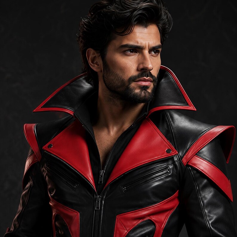 May include: A black and red leather jacket featuring a high, structured collar, prominent shoulder panels, and multiple zippered pockets. The garment has a front zipper closure and contrasting red leather accents across the chest and shoulders.