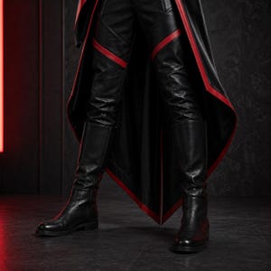 May include: Black leather trousers featuring red piping accents along the thighs and knees, paired with a long black coat that has red trim along the edges. The outfit includes black leather knee-high boots with a smooth finish and low heels.