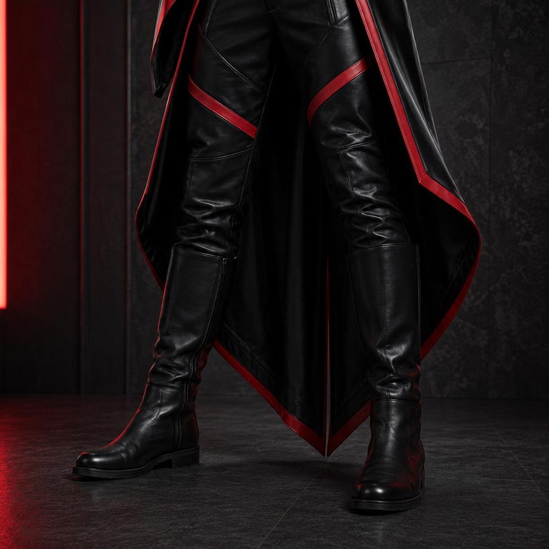 May include: Black leather trousers featuring red piping accents along the thighs and knees, paired with a long black coat that has red trim along the edges. The outfit includes black leather knee-high boots with a smooth finish and low heels.