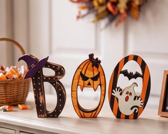 Halloween BOO Decor, Witch Pumpkin Ghost Tabletop Sign, Spooky Season Home Decor Gift,Witch Pumpkin Ghost Shelf Sitter Set