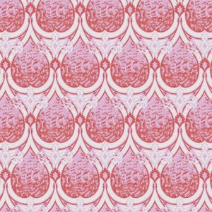 May include: A repeating pattern with a ship design in red and pink hues. The design is set against a light pink and white backdrop, creating a vintage aesthetic. The pattern is suitable for fabric or wallpaper, with a classic feel.