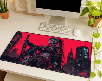 Cyberpunk Desk Mat, Red Anime Girl Large Rubber Mousepad, Stitched Edges