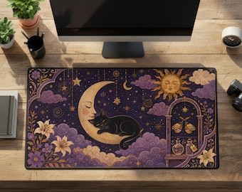 Whimsigoth Desk Mat, Purple Rubber Celestial Celestial Crescent Moon Black Cat Mousepad
