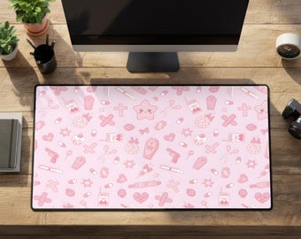 Menhera Yami Kawaii Pink Desk Mat: Pastel Goth Anime Large Rubber Mouse Pad
