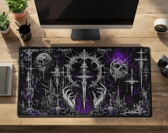 Cybersigilism Desk Mat, Black and Purple Gothic Skull Large Rubber Mousepad