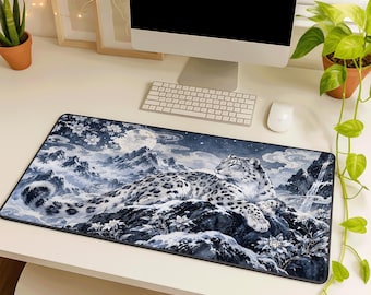 Snow Leopard Desk Mat, Blue Gray Mountain Art, Large Mouse Pad, Ink Wash Style