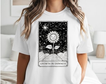 Whimsigoth Tarot Card Shirt Growth In Darkness Sunflower Graphic Tee Witchy Celestial Cottagecore Clothing