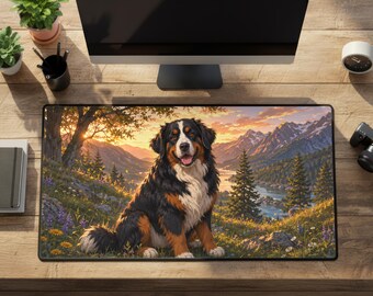 Bernese Mountain Dog Desk Mat, Large Mountain Sunset Dog Pad, Non-Slip Rubber Mousepad
