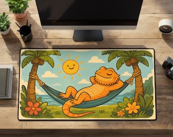 Bearded Dragon Desk Mat, Tropical Palm Hammock Lizard Large Mouse Pad, Rubber Gaming Mat