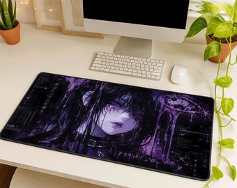 Cybergoth Desk Mat, Purple Black Anime Girl Large Non-Slip Gaming Mousepad