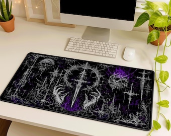 Cybersigilism Desk Mat, Black and Purple Gothic Skull Large Rubber Mousepad