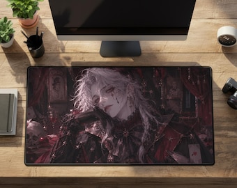 Jester Desk Mat, Dark Anime Gothic Harlequin Rubber Mousepad, Large Black Red Gaming Pad