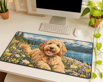 Goldendoodle Desk Mat, Mountain Lake Wildflower Dog Art Desk Pad, Large Rubber Gaming Mousepad