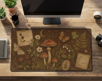 Mori Kei Desk Mat Brown Mushroom Vintage Botanical Mousepad Large