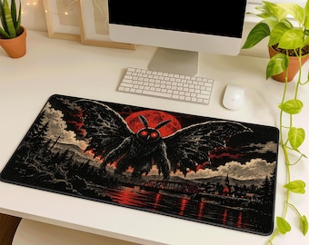Mothman Desk Mat, Black Gothic Mouse Pad, Horror Desk Pad, Dark Forest Gaming Mat