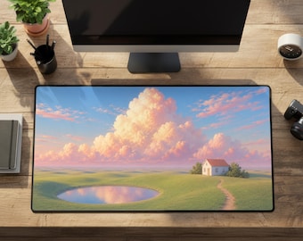 Dreamcore Desk Mat, Large Pink Cloud Blue Sky Rubber Mousepad, Surreal Aesthetic Keyboard Pad
