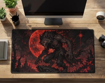 Werewolf Desk Mat Black and Red Blood Moon Gothic Gaming Mouse Pad XL
