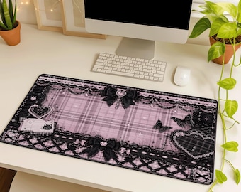 Jirai Kei Desk Mat, Pink and Black Plaid Rubber Mouse Pad, Gothic Lace Bow Gaming Desk Pad
