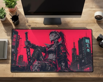 Cyberpunk Desk Mat, Red Anime Girl Large Rubber Mousepad, Stitched Edges