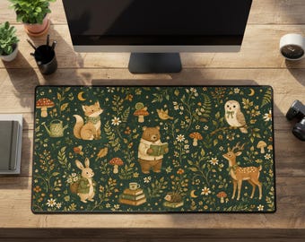 Hobbitcore Desk Mat, Dark Green Woodland Animals Rubber Gaming Mousepad