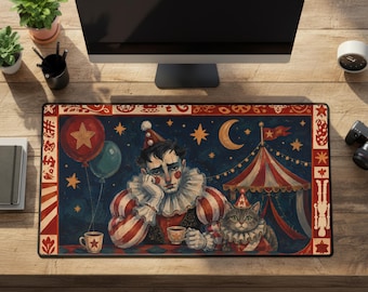 Clown Desk Mat Vintage Circus Cat Rubber Large Mousepad Red Blue