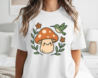 Cutecore Mushroom Shirt Cute Hummingbird Graphic Tee Fairycore Cottagecore Clothes Pastel Aesthetic T-Shirt