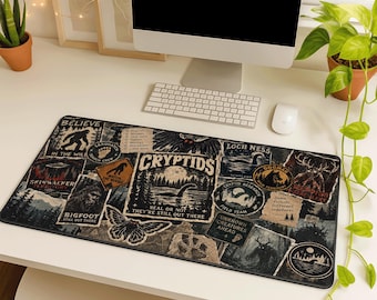 Cryptids Desk Mat, Vintage Gothic Mouse Pad, Bigfoot Mothman Sasquatch Dark Forest Gaming Desk Pad