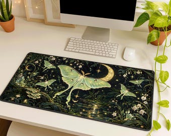 Luna Moth Desk Mat, Mystical Forest Mouse Pad, Green Botanical Gaming Mat