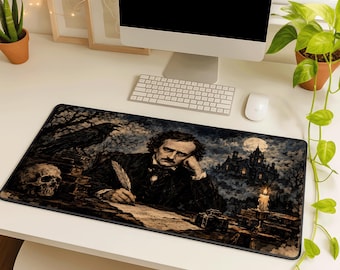 Edgar Allan Poe Desk Mat, Gothic Literary Desk Pad, Dark Academia Mouse Pad, Raven Decor