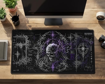 Cybersigilism Desk Mat Black Purple Skull Large Extended Gaming Mousepad