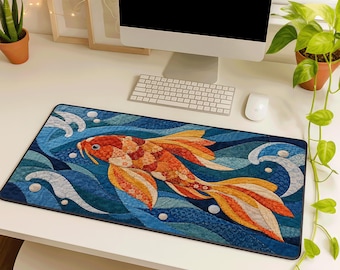 Kinusaiga Koi Fish Desk Mat, Japanese Patchwork Fabric Art Mouse Pad, Blue Water Design
