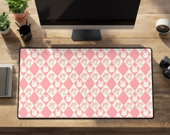 Jojifuku Pink Bunny Argyle Desk Mat: Pastel Tulip Large Rubber Mouse Pad
