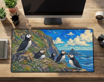 Puffin Desk Mat Blue Coast Artwork Extra Large Rubber Gaming Mousepad