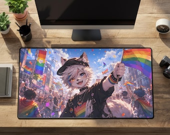 Furry Pride Desk Mat, Large Rainbow Anime Rubber Mouse Pad, XXL Gaming Mousepad