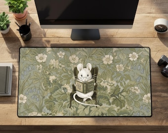 Hobbitcore Green Vintage Floral Desk Mat: Large Reading Mouse Rubber Mousepad