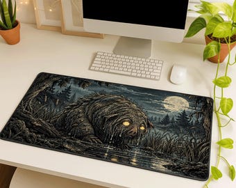 Squonk Desk Mat, Gothic Cryptid Mouse Pad, Vintage Woodland Horror, Large Extended Gaming Mat