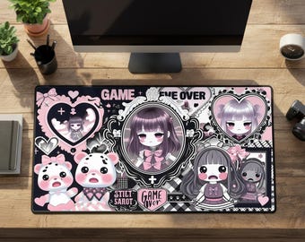 Jirai Kei Pink Black Desk Mat: Anime Goth Large Rubber Mouse Pad