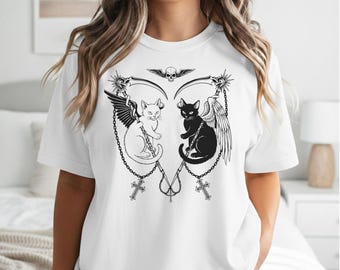 Cybersigilism Shirt , Y2K Goth Angel Demon Cat Cross , Cotton Adult S-5XL Multiple Colors