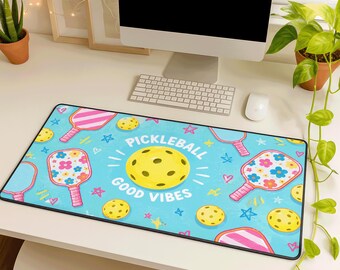 Pickleball Desk Mat, Colorful Paddle and Ball Design, Large Gaming Mouse Pad, Office Desk Pad