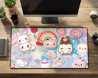 Cutecore Pastel Bunny Cat Desk Mat: Large Rubber Gaming Mouse Pad