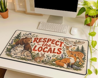 Respect The Locals Desk Mat, Vintage Forest Wildlife Large Rubber Mousepad