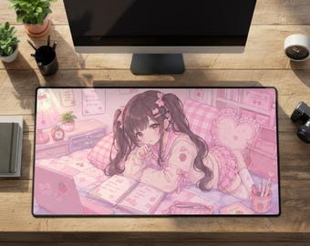 Jojifuku Desk Mat - Pink Anime Anime Girl Large Rubber Mouse Pad