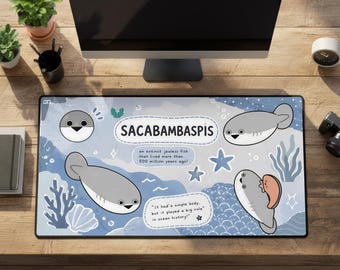 Sacabambaspis Desk Mat, Blue Cute Prehistoric Fish Large Rubber Mousepad