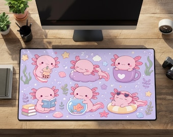 Axolotl Desk Mat, Cute Pink Kawaii Large Mousepad, Rubber Non-Slip Gaming Pad