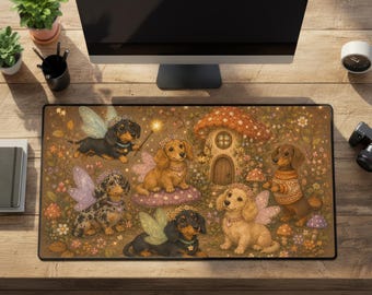 Dachshund Desk Mat, Cottagecore Fairy Mushroom Mousepad, Large Brown Rubber Mouse Pad