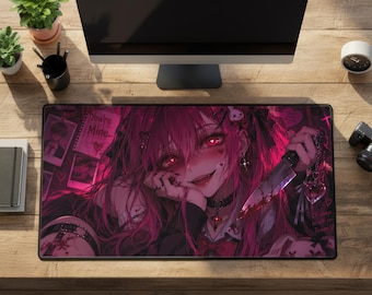 Yandere Anime Girl Desk Mat, Pink & Black Large Rubber Gaming Mousepad